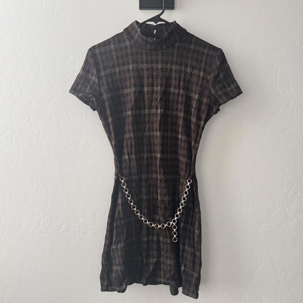 Vintage plaid chain belt mini dress